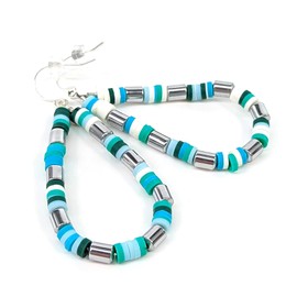 Black Ginger Blue Yellow Or Multi & Silver Large Hoop Clay Bead Earrings Retro 70's 80's (Blue)