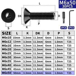 Pack of 30 Countersunk Screws M6 x 50 mm Screws Stainless Steel A2 V2A Countersunk Head Hexagon Socket Screws DIN 7991/ISO 10642 Flat Head Screws Full Thread Countersunk Screws Black for Furniture
