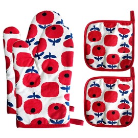 Maeau Pot Holder, Pot Holder, Mittens, Heat Resistant, Kitchen Gloves, Cotton, Oven Mitt, Burn-Prevention, Anti-Slip, Kitchen Utensils, Heat Resistant Mittens, Stylish, Unisex, Durable, Set of 4, Red 2