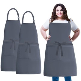 XIEJINJIA Plus Size 2 Pack Adjustable Water Resistant Long Ties Bib Apron with 2 Pockets Thick Canvas Cooking Kitchen Extra Wide Chef Aprons for Women Men Grey