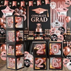 Rose Gold Graduation Decorations 2026, Pink Graduation Decorations Set of 4 Balloons Boxes with Letters 2026 GRAD So Proud of You, Congrats Grad Decorations for High School & College