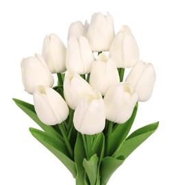 N&T NIETING Pack of 12 Artificial Flowers, Artificial Tulips with Realistic Touch, Fake Flowers Tulips White for Wedding Room Party, Wedding Decoration, Boho Decoration