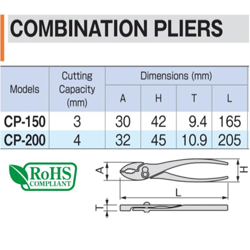 Tone Combination Pliers CP-200, Total Length 8.1 inches (205 mm)