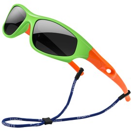 AHXLL 2Pack Flexible Kids Polarized Sunglasses For Boys Girls With Strap, Sport Sunglasses for Children Age 3-10 (Black+ Green Orange)