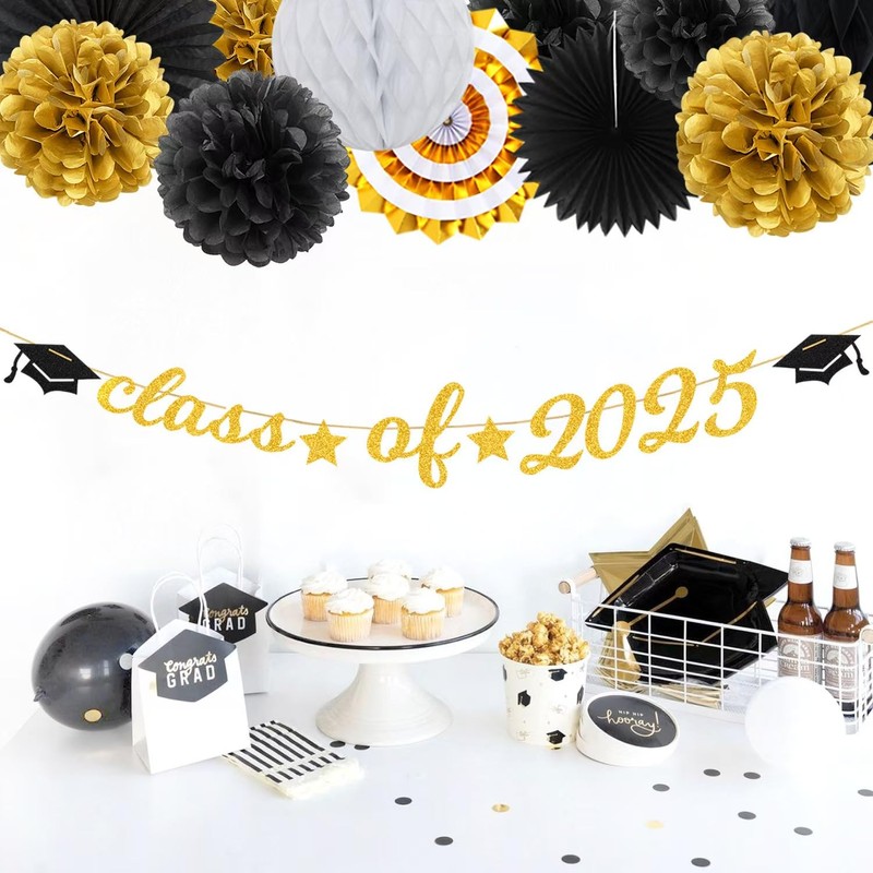 Black Gold Party-Decoration Graduation Banner - 14pcs Kits Cap Garland