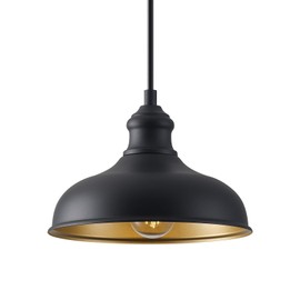 GOALPLUS 10in Dome Outdoor Pendant Barn Lights Black Kitchen Island Pendant Lamp with Brass Interior, Hallway Porch Ceiling Hanging Lights, Farmhouse Style Indoor Pendant Fixture for Home, Ajustable