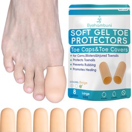 Byehambuni Silicone Big Toe Protectors - 8 Pack Gel Toe Caps - Toe Covers for Women - Toe Cushions for Pain Relief, Corns, Calluses, Blisters, Missing or Ingrown Toenails, Reusable - Beige, Large