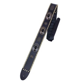 Walker & Williams SP-236 Black Thick Italian Grain Leather Guitar Strap with Conchos & Gold Trim For Acoustic, Electric, And Bass Guitars