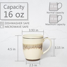 Bosmarlin Ceramic Tea Cup with Infuser and Lid, 16 Oz, Loose Leaf Tea Steeper Mug with Strainer, Microwave and Dishwasher Safe, Reactive Glaze (16 Oz, Beige)