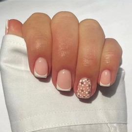 White French Tip Press on Nails Short Fake Nails Flower Press on Nails Acrylic Glue on Nails Square False Nails with Glue Artificial Nails For Women Girls 24Pcs