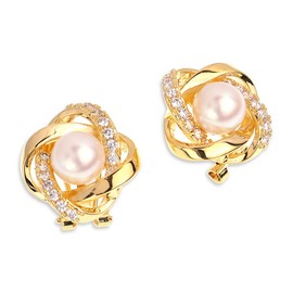Sonateomber Gold Knot Stud Earrings for Women Teen Girls – Cute Elegant White Pearl CZ Rhinestone Love Knot Dome Earing Sterling Silver Post Hypoallergenic Bridal Wedding Prom Jewelry Gift