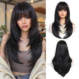 Esmee Long Straight Black Brown Wigs for Women with Fringe Natural Synthetic Hair Wig for Daily & Party Use