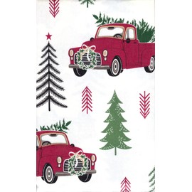 Winter Wonder Lane Vinyl Tablecloth Flannel Backed, PVC Free PEVA, Vintage Retro Red Truck Decorative Print with Trees for Christmas Table Cover (52 x 52 Square), White, Red, Green