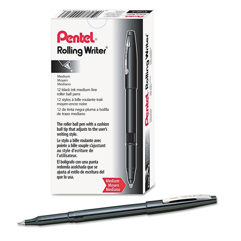 Pentel Rolling Writer Pen, 0.8 Millimeter Cushion Ball Tip, Black