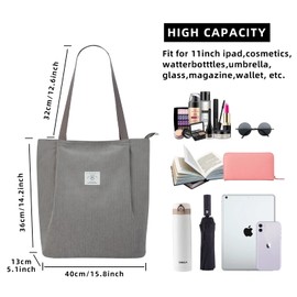 KALIDI Waterproof Corduroy Tote Bag with Zipper Casual Hobo Shoulder Bag Handbag Large Capacity Cord Tote Bag Women Shopping Bag for School Work College Daily Use,Grey