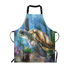 Moslion Sea Turtle Apron,Lonely Swim Oil Painting in Ocean Apron,Adjustable Neck Bib Apron for Men Women,Suitable for Kitchen Cooking Waitress Chef Apron