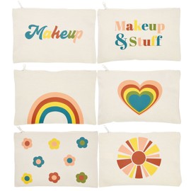 Glamlily Paquete de 12 bolsas de maquillaje pequeñas de lona con cierre para mujer, 6 diseños retro (blanco, 8 x 6 pulgadas), Blanco