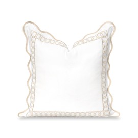 Hofdeco Premium Coastal Hampton Scalloped Patio Indoor Outdoor Throw Pillow Cover Only, 20"x20" Water Repellent for Backyard, Couch, Poolside, Neutral Tan Embroidered Begonia Pattern Chain Frame