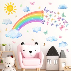 Colorful Rainbow Wall Stickers for Kids Girls Bedroom Accessories Rainbow Butterflies Cloud Wall Decals Large Rainbow Wall Decor Peel and Stick for Children Baby Nursery Room Playroom Decoration