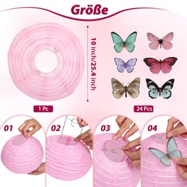 LIHAO 25 cm Paper Lantern Lampshade with Butterfly Round Lantern Classic Bamboo Style Ribbed Lampshade Decoration for Party Garden Wedding Decoration