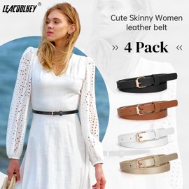 LEACOOLKEY 4 PACK Skinny Leather Belt for Women Dress Thin Waist Belt with Gold Buckle for Jeans Dresses