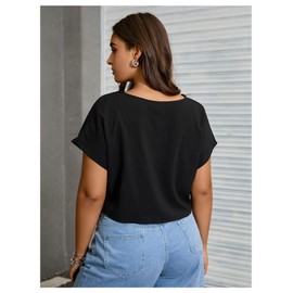 MakeMeChic Women's Plus Size Ruched Front Short Sleeve Shirts Casual V Neck Crop Top Blouse Black 3XL