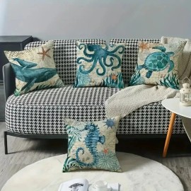 sea Set of 4 Sea Creature Throw Pillowcases Seahorse Whale Octopus Sea Turtle 18x18"
