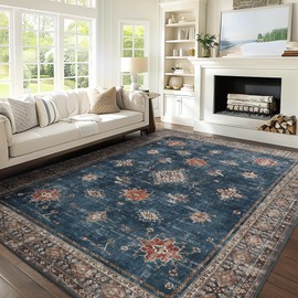 NICETOWN Thin Washable Vintage Area Rug - 3x5 Boho Non-Slip Entryway Rug Oriental Medallion Living Room Rug Entrance Mat Carpet for Kitchen Laundry Bathroom Bedroom, Blue