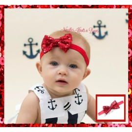 Needles Knots n Bows 3" Red Sequin Bow Headband, Valentine's, Christmas, 4th of July Headband