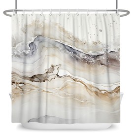 ASDCXZ Marble Shower Curtain 180 x 200 cm, Modern Abstract Grey Brown White Gradient Marble Look Texture Washable Bathroom Shower Curtains Polyester Textile Waterproof Shower Curtain for Bath with 12