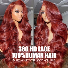 360 Reddish Brown Lace Front Wigs Human Hair Pre Plucked Auburn Red 360 HD Transparent Lace Frontal Wig 180 Density 24Inch Colored Wigs Human Hair Ginger Body Wave Wig for Women CS
