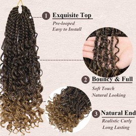 Goddess Box Braids Crochet Hair 10 Inch Bohemian Box Braids Crochet Hair with Curly Ends Boho 3X Synthetic Crochet Braiding Hair for Women (8 pack, 1b/27#)