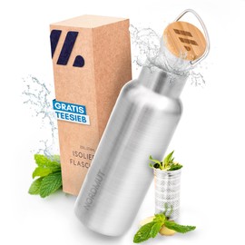 NORDMUT® Stainless Steel Drinking Bottle 1 Litre Insulated + Tea Strainer Thermos Flask Dishwasher Safe Insulated Bottle for Children and Adults Water Bottle Leak-Proof with Practical Tea Strainer