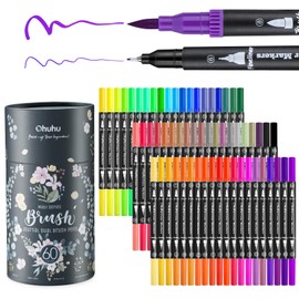 Ohuhu Art Marker Pen, 60 Colors, Watercolor Pen, Water-based, Bulky, Ultra Fine, Brush, Vibrant, Illustration, Notebook, Letter, Coloring, Card, Storage Case Included (Black Axis)