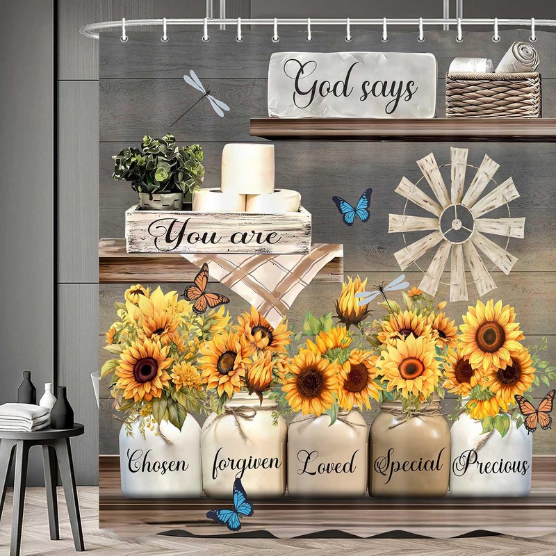 Farmhouse Rustic Sunflower Shower Curtains Inspirational Quotes, 72x72in