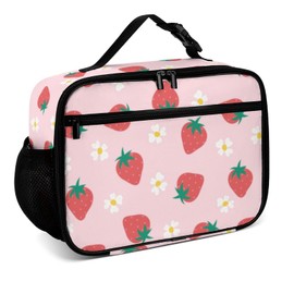 Muishi Strawberry Flowers Reusable Lunch Box Insulated Lunch Bag Cooler Bag Lunchbox Meal Food Container Tote Bag for Women Kids Girls School Camping Hiking Picnic Beach Travel