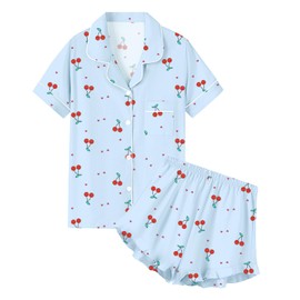 QZH.DUAO Pajama Sets for Girls,100% Cotton Button up Soft Sleepwear With Ruffle 2PCS PJ Set Nightwear for kids, Blue & Cherry, 7-8 Years = Tag 140