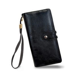 FuninCrea Women Wallets Large Capacity Ladies Purse with Removable Wrist Strap and ID Window, Womens Purse Card Wallet PU Leather Long Ladies Wallet with 12 Card Slots and 2 Compartments (Black)