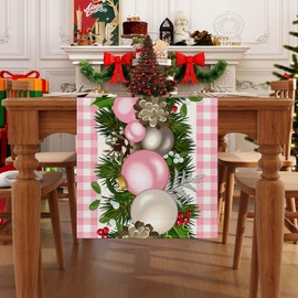 Jiudungs - Camino de mesa de lino rosa y blanco a cuadros de cuadros de 72 pulgadas de largo, granja, invierno, Navidad, día festivo, hogar, cocina, mesa, decoración
