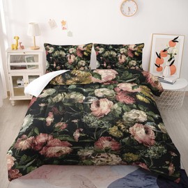 Nttopship Boho Floral Comforter Set Queen Black Floral Bedding Sets 3PCS for Kids Teen Adult Flowers Leaves Room Decor Ultra-Soft Lightweight Microfiber 1 Comforter with 2 Pillowcases