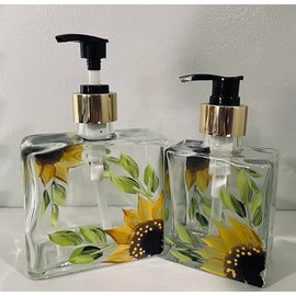 Gift set with two Sunflower Soap Dispenser or Lotion Dispenser one 8.5 oz dispenser and one 5 oz dispenser with Gold Aluminum Pump