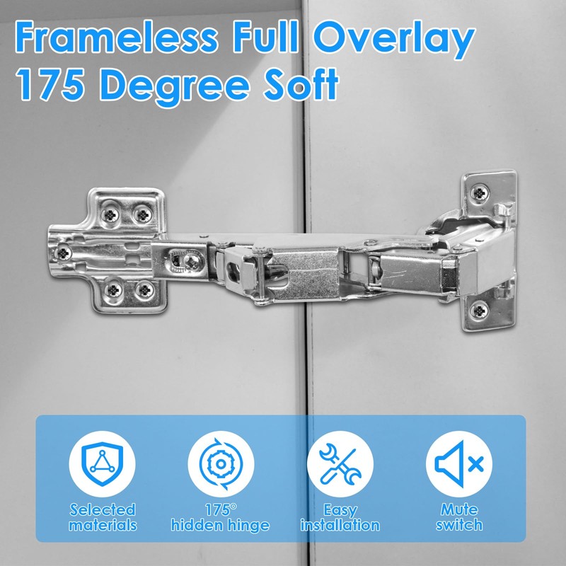 4 Pack 175 Degree Frameless Cabinet Doors Hinges, Frameless Full