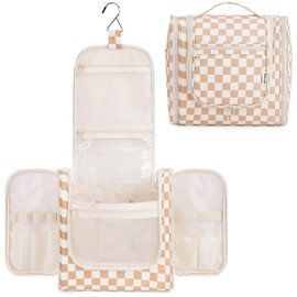 Narwey Checked Hanging Travel Toiletry Bag for Women, Travel Bag for Toiletries, Makeup Bag Organizer Cosmetic Bags Make Up Bags for Women (Light Checkerboard)