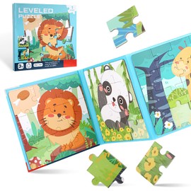 Magnetic Puzzle Book, 9-12-16 Pieces Puzzles for Toddlers 3 4 5 6 Year olds, Travel puzzles for Boy,Girls, Car Plane Activities Toy for Birthday Gifts,Animal Theme (Difficulty Level 1)