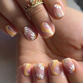 Flower Press on Nail Short Square Fake Nails Nude Glue on Nails with Wave Design Glossy Nails Press ons Spring Summer Acrylic Nails Floral Full Cover False Nails for Women Girls 24 Pcs