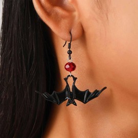 Inilbran Punk Bat Dangle Earrings Vintage Red Gem Bat Earrings Black Animal Bat Drop Earrings Gothic Bat Vampire Hook Earrings Jewelry for Women