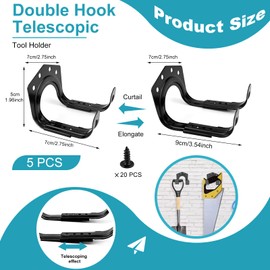 GZcaiyun Pack of 5 Garden Tool Holder Hooks, Telescopic Tool Holder, Heavy Duty Double Hooks for Garage, Garden, Bicycle Shed, with 20 Screws, 1 Screwdriver (Black)