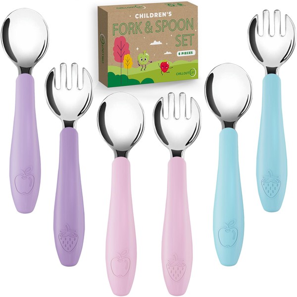 CHILLOUT LIFE Toddler Utensils, Kids Silverware with Silicone Handle, Stainless Steel Metal Toddler Forks and Spoons Safe Baby Cutlery Set for Self Feeding BPA Free Dishwasher Safe
