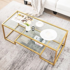 Tangkula Rectangular Glass Coffee Table, 45" Wide Modern Tempered Glass Center Table with Golden Steel Frame, 2 Tier Accent Table for Living Room Home Office (Gold, 45'' Wide)