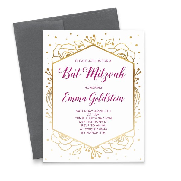 Burgundy And Gold Bat Mitzvah Invitations Custom, Personalized Botanical Invitation